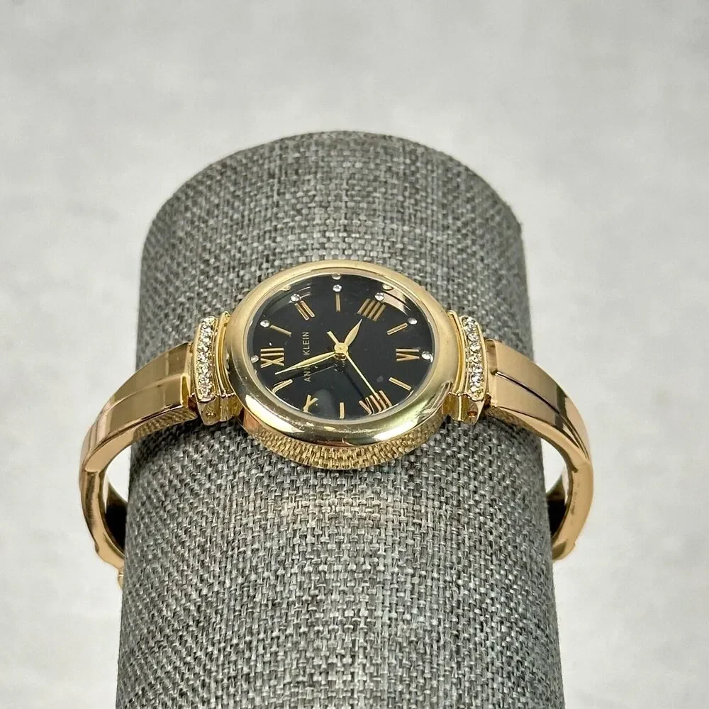Anne Klein Watch Womens 16mm Round Black Dial Crystal Lugs Elegant New Battery